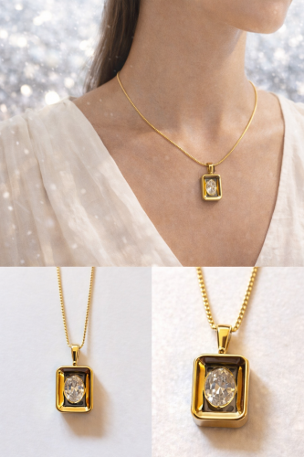 Baget Çerçeveli Kristal Taşlı  Kolye