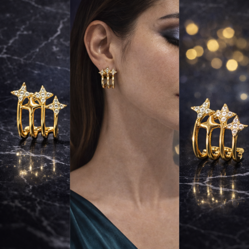 Modern Oval (U-Form) Üç Sıra Yıldız Taşlı Küpe 