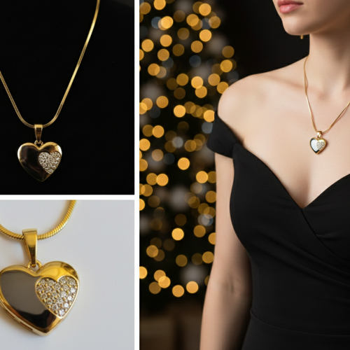 Çift Kalp Tasarımlı Taşlı  Kolye